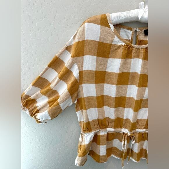 WHO WHAT WEAR | Gold Gingham Peplum Top Puff Sleeve Linen Blend Blouse | Large - Picture 4 of 7